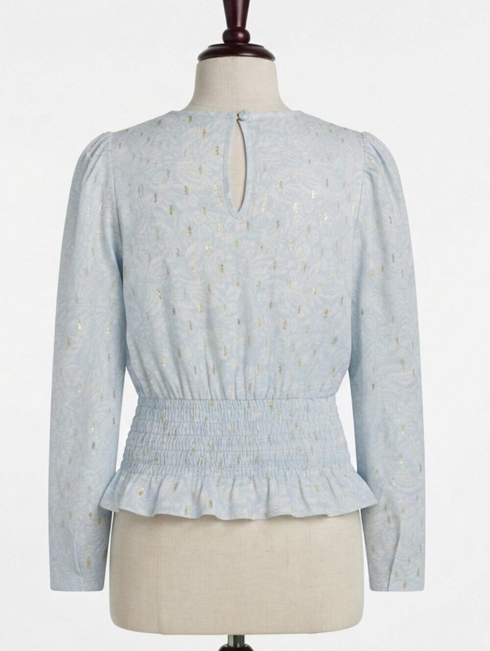 ๐ซ Express Light Blue Long Sleeve Smocked Waist Top with Gold Accents Size Large - Picture 2 of 3